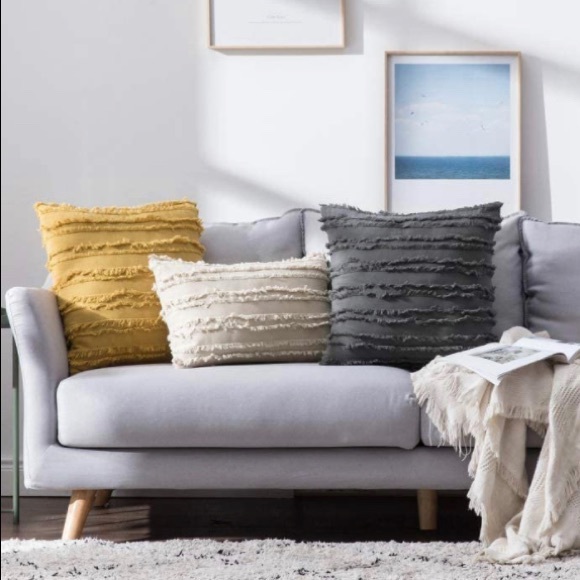 Luxury Home | Boho Rustic Mustard Frayed Edge Striped Jaquard Pillow Covers - Picture 5 of 6